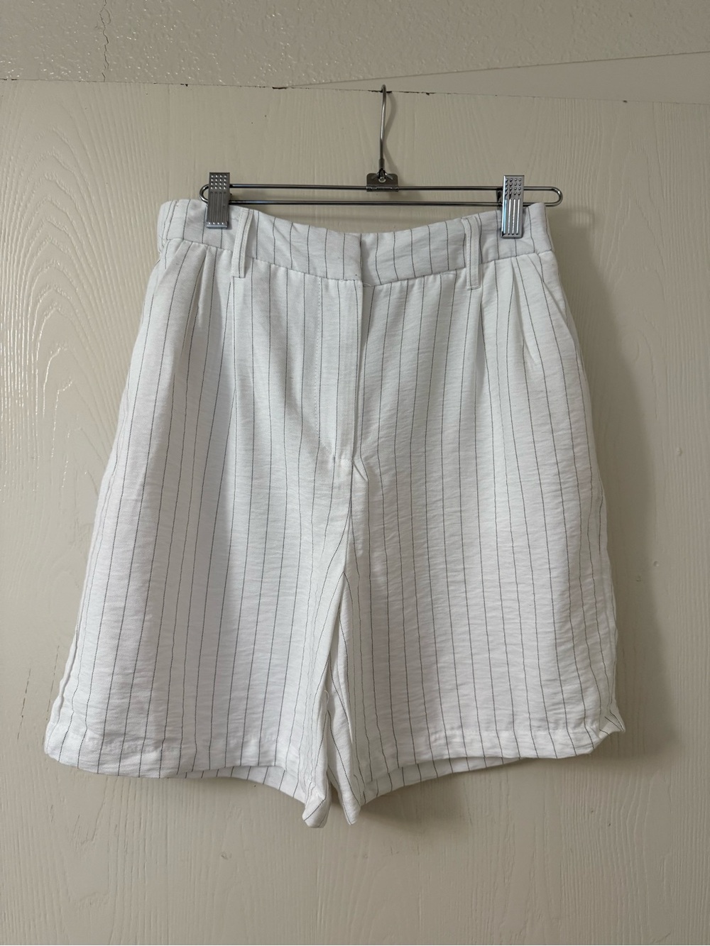 Women's White Pinstripe Flat Front Shorts